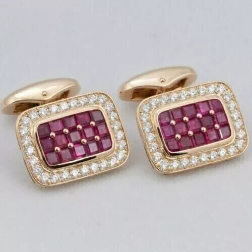 14K Rose Gold Plated 3Ct Round Cut Lab-Created Ruby Diamond Men's Cufflinks - Picture 2 of 5