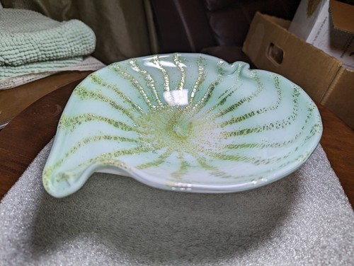 Murano Alfredo Barbini Circus Tent Glass Bowl Aqua White Yellow Silver Flecks  - Picture 6 of 17