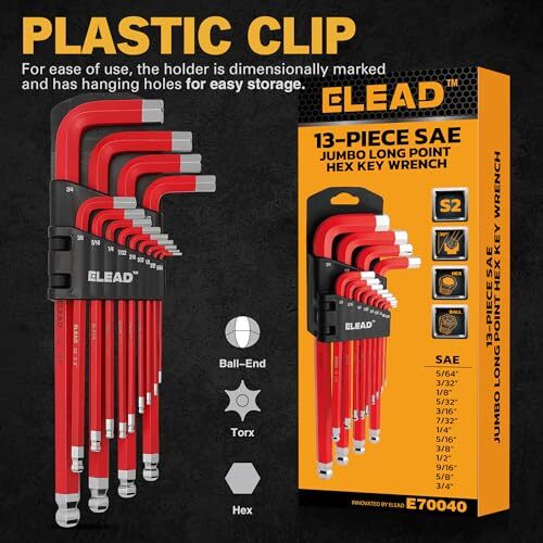 ELEAD Jumbo Hex Key Allen Wrench Set | 13-Piece SAE 5/64"-3/4" | Long Ball En... - Picture 5 of 9