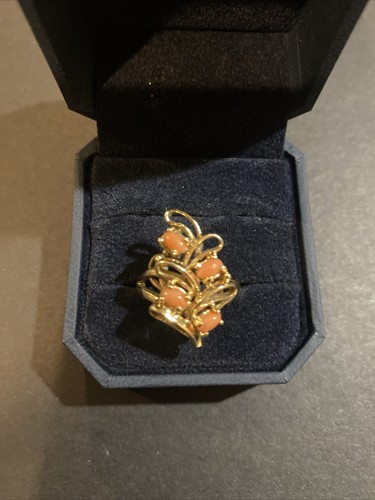 Vintage 14K Yellow Gold Angel Skin Coral Stone Ring Size: 8.75 - Picture 2 of 8