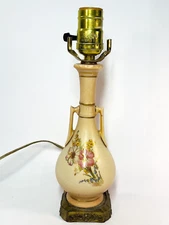 Antique Porcelain Bisque Table Lamp Hand Painted Double Handle Vase 11.5" Tall