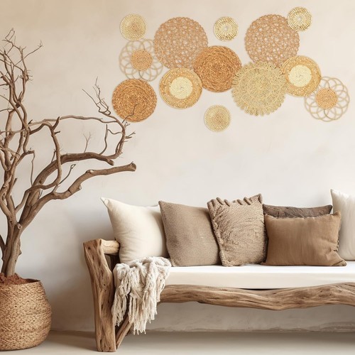 Boho Woven Rattan Wall Basket Decor - 13 Unique Round Pieces Ready to Hang - Picture 4 of 8