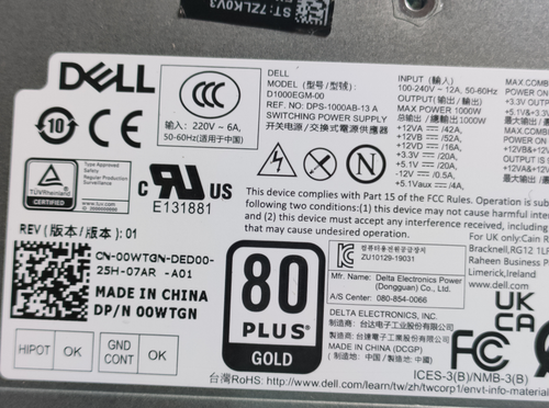 New For Alienware Aurora R10 R11 R12 D1000EGM-00 Power Supply 1000W 0WTGN 0PDJK - Picture 5 of 5