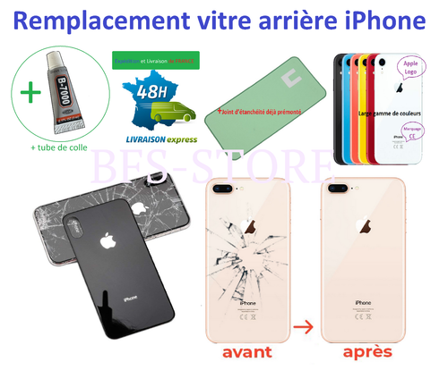 VITRE ARRIERE IPHONE 8 SE X XR XS 11 12 13 14 PRO MAX LOGO CE ADHESIF GROS TROU.