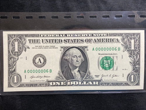 1 Dollar Bill Serial Number A00000006B