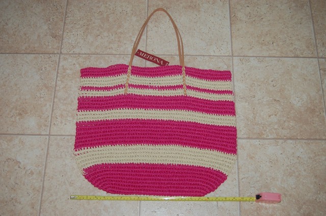 FASHION SUMMER TOTE Bag 20"X16" Leather Handles NATURAL/PINK by Merona NWT