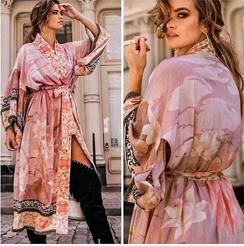 Retro Vintage Floral Print Kimono Maxi Duster XL Cherry Blossom Dusty Pink Black - Foto 6 di 9