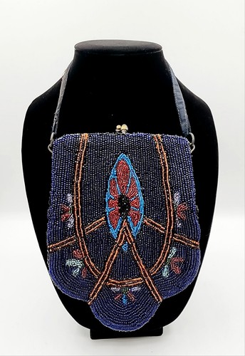 Antica borsa da sera Art Nouveau con perline blu 5 3/4 x 7 1/4" - Foto 2 di 4