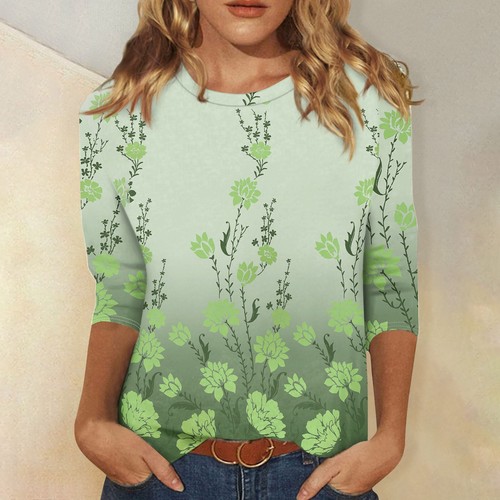 Women's Fashion Casual Round Neck Three Quarter Sleeve Printed T-Shirt Top - Picture 13 of 42