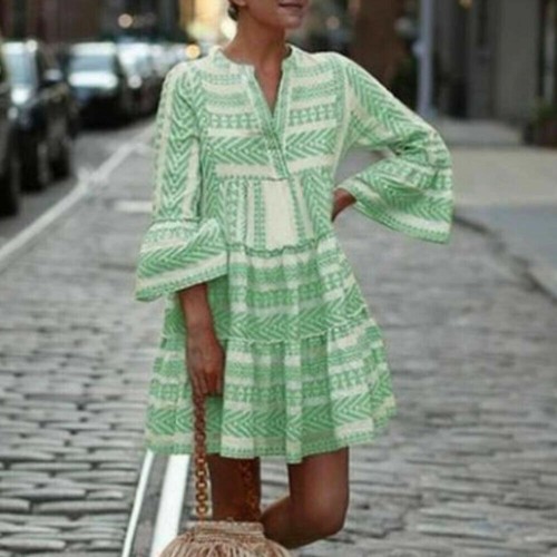 Damen Aztekenmuster V-Ausschnitt Hängerchen Kleid Damen Sommer Urlaub Swing Minikleid - Bild 12 von 16