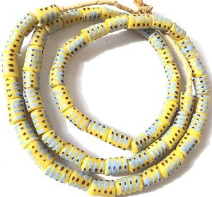 Ghana-handmade-Yellow-cyclinder-multi-Recycled-glass-African-trade-beads