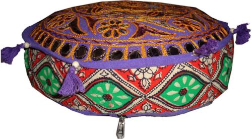 Round Ottoman floor seat cover foot rest couch tapestry bohemian mirror work 18" - Picture 9 of 13