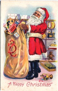 Christmas-SANTA-CLAUS-BIG-MONGRAMMED-BAG-FULL-OF-TOYS-Vintage-Stecher-Postcard