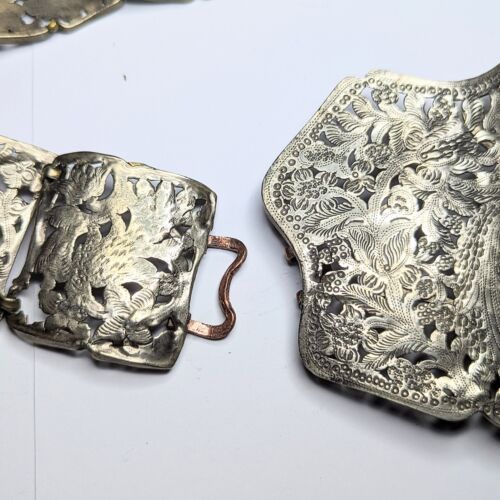 Incredible Antique low silver huge engraved panel belt nurses buckle peacocks - Picture 9 of 16