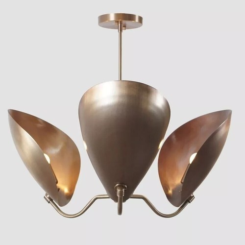 3 Light Curved Disk Shades Handmade Mid Century Modern Brass Sputnik Chandelier - Picture 3 of 6
