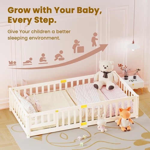 Full Size Floor Platform Bed with Fence and Door for Kids, Montessori Floor Bed - Picture 9 of 9