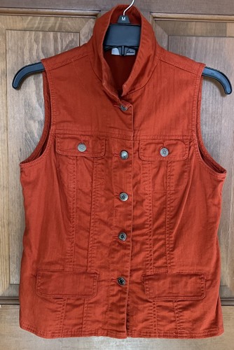 Chicos Platinum Womens Vest Small Size 0 Orange Button Pockets Embroidered