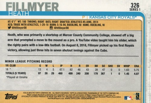 #326 Heath Fillmyer Rookie Kansas City Royals 2019 Topps Series 1 Baseball Card - Picture 2 of 2
