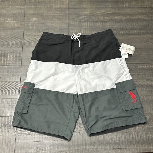 Men US Polo Assn Cargo Line Elastic Swim Trunks 3X Black White Gray