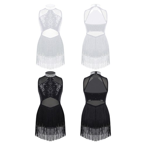 Mädchen Pailletten Fransen Latein Tanz Kleid Ballett Jazz Tango Salsa Kostüm Tanzkleidung - Bild 2 von 47