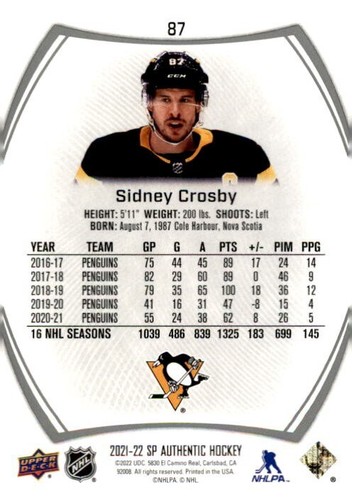 2021-2022 SP Authentic Hockey #87 Sidney Crosby Pittsburgh Penguins - Picture 2 of 2
