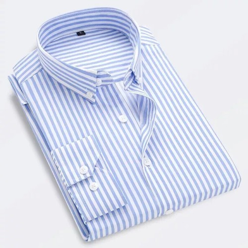 Mens Dress Shirts Long Sleeves Slim Fit Camisas Striped Cotton Casual Shirts Top - Picture 18 of 30