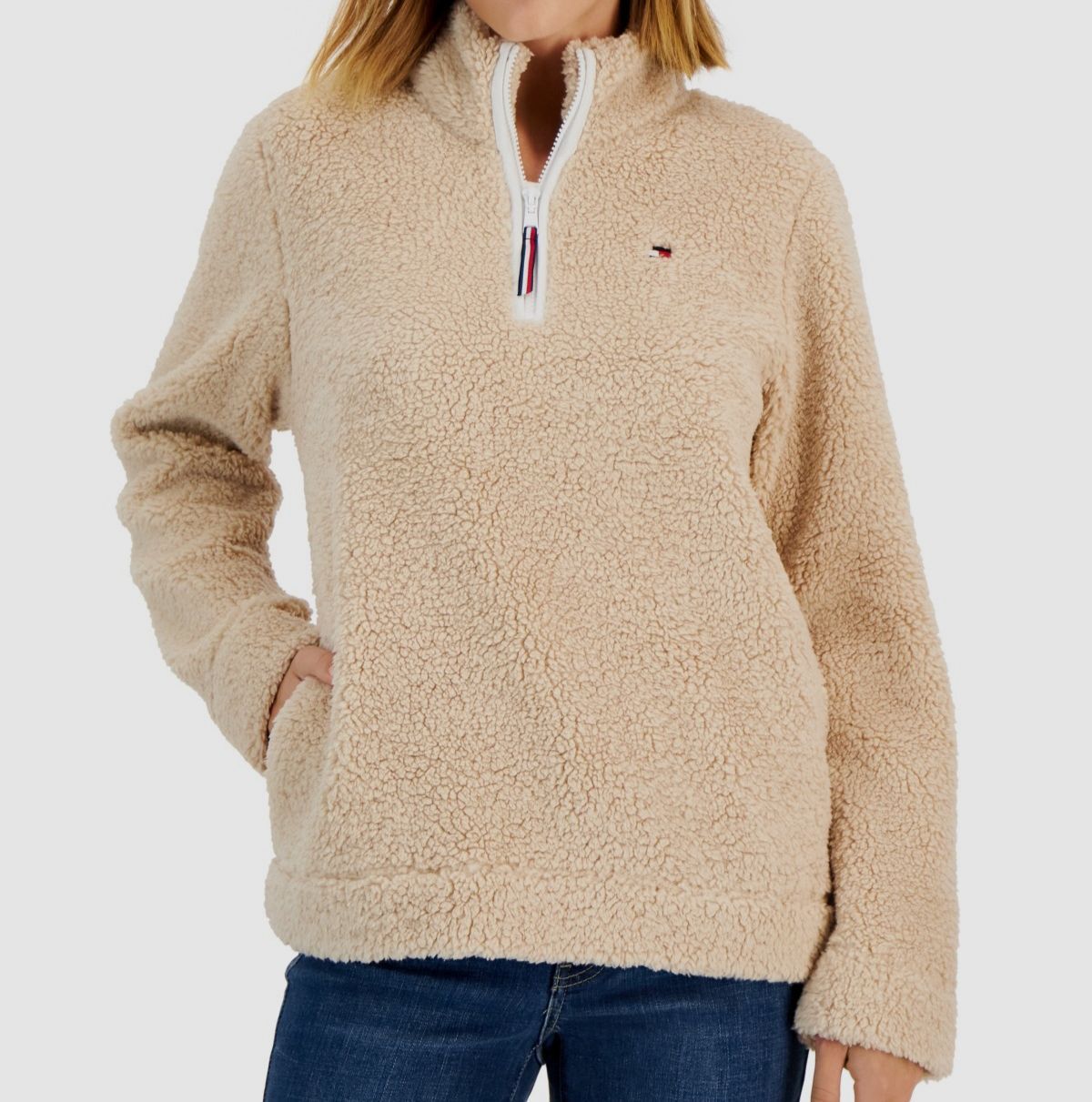 $50 Tommy Hilfiger Womenu0026#039;s Beige Sherpa 1/4-Zip Pullover Jacket Coat  Size L | eBay