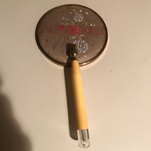 Vintage MCM kleiner drehbarer Handspiegel Blumenmuster rosa blau Brokat PINZETTE Griff - Bild 19 von 24