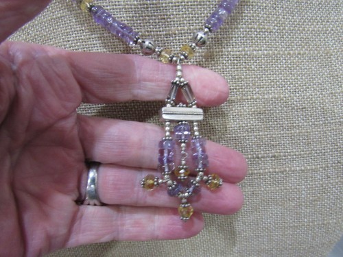 VINTAGE Quartz Citrine Amethyst Sterling Silver 925 Tassel Pendant Necklace - Picture 4 of 9