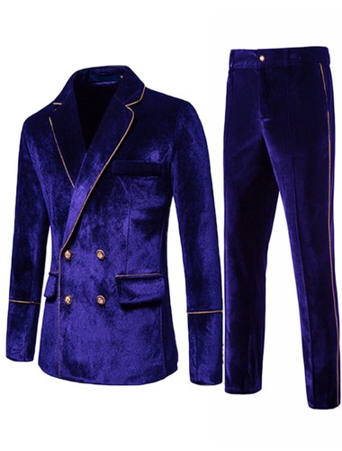 Velvet Men Suits Notch Lapel Slim Fit Double Breasted Groom Tuxedos Jacket Pants - Picture 26 of 28