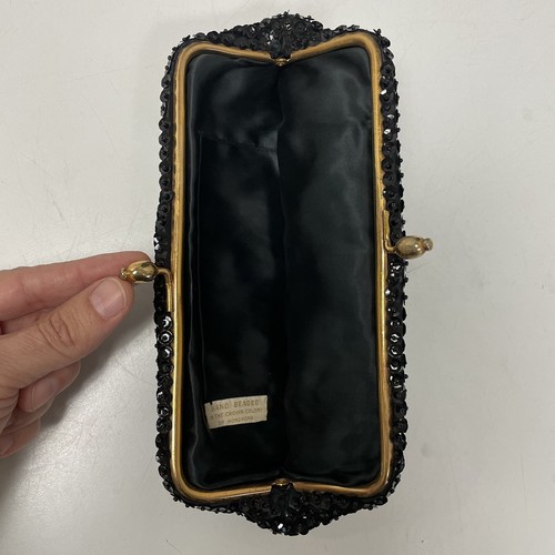 Vtg 50’s Black HAND BEADED Flower Evening Clutch Formal Cocktail Kiss Lock Purse - Picture 2 of 4