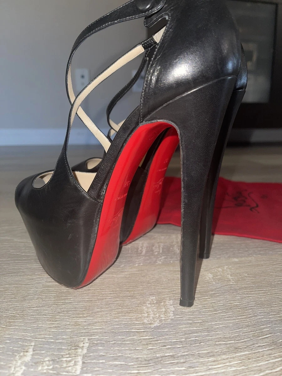 Christian Louboutin Exagona 160 Black Leather Red Bottoms peep toe heel 37