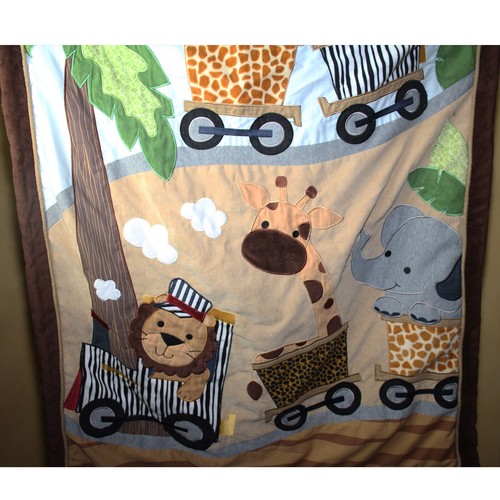 Lambs & Ivy Crib Bedding Safari Train Jungle Quilt Baby Blanket Brown Tan Animal - Picture 5 of 13