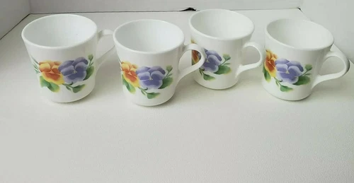  Corning USA Corelle Lot of 4 Summer Blush Pansy Bright Floral Coffee Cups Mugs 