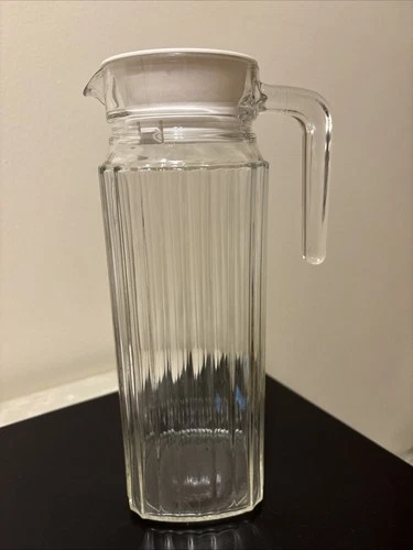 Vintage MCM Arcoroc Ribbed Glass Juice Milk Water Pitcher White Plastic Lid