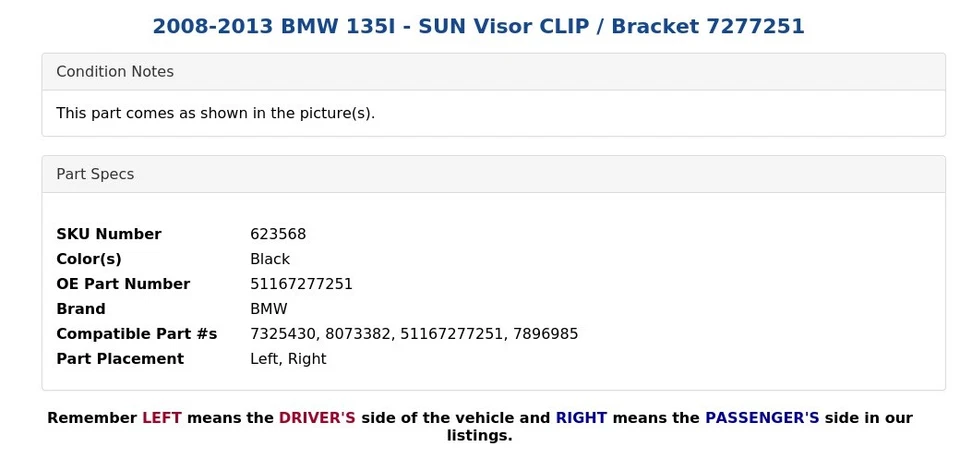 BMW 135I 2008-2013 - Parasol Clip/Soporte 7277251 Foto 3 de 3