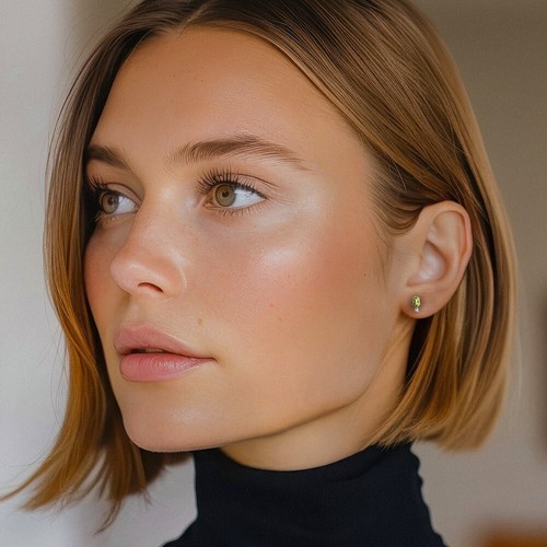 14K Solid White Gold Diamond Peridot Stud Earrings - Picture 3 of 11