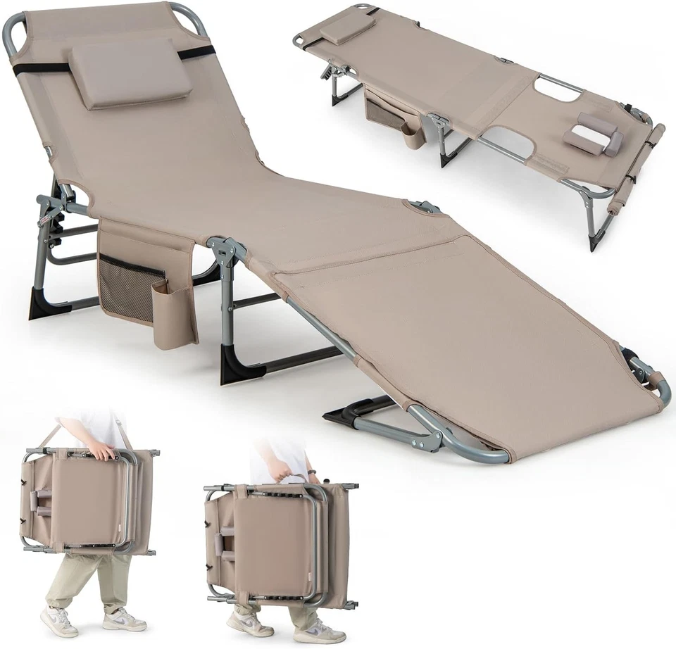 Silla de Bronceado, Sillón de Playa Plegable Exterior con Orificio para Cara/Brazo, 2 Transportes... Foto 3 de 4