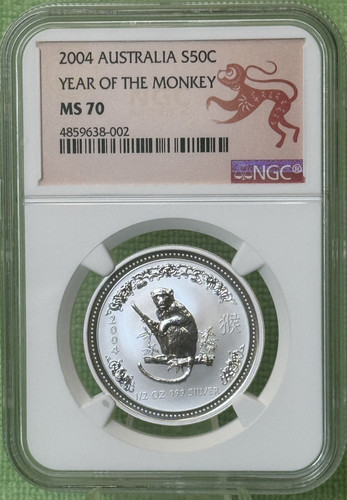 2004 ** 50c ** Australia Lunar ** Anno della Scimmia ** 1/2 oz. ** NGC MS 70 - Foto 1 di 2