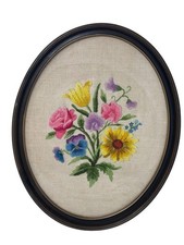 MCM Botanical Embroidery Oval Frame Crewel Floral Wall Art Needlepoint Vtg 2