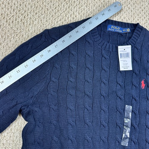 NEW Polo Ralph Lauren Sweater Mens M Navy Fisherman Cable Knit Crewneck Red Pony - Picture 7 of 12