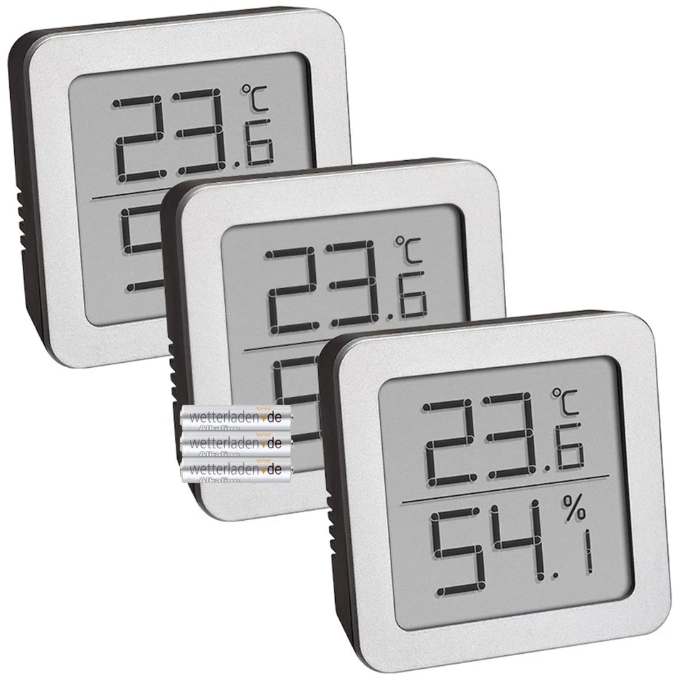 95.2019.54 Lot de 3 thermomètres hygromètres numériques avec piles Argenté - Photo 1/1