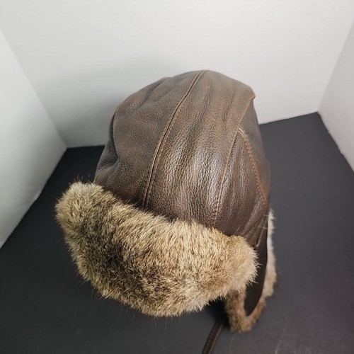 Crown Cap Brown Leather Rabbit Fur Aviator Trapper Ear Flap Lined Winter Large - Picture 7 of 10