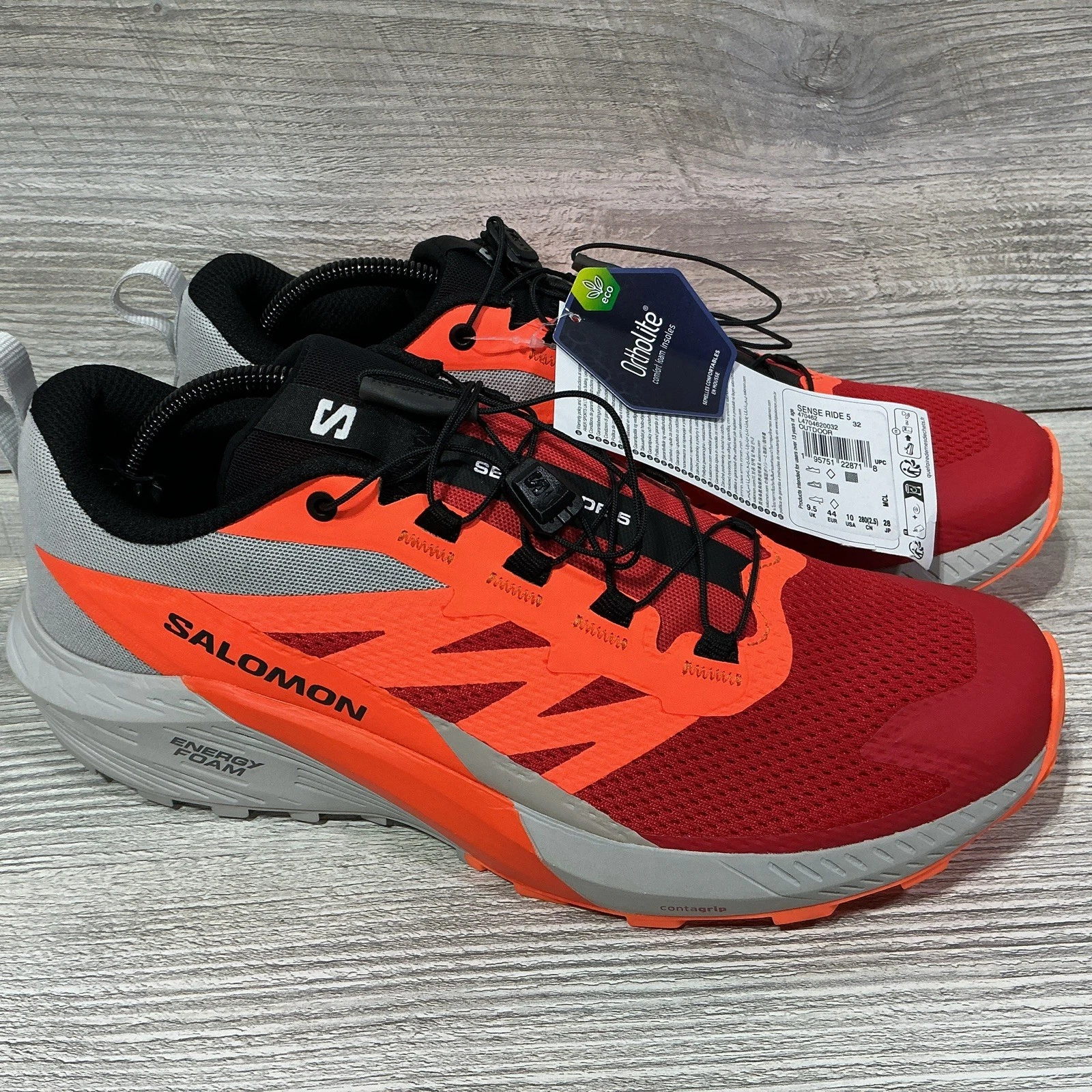 Salomon Sense Ride 5 Red Orange Ortholite Trail Running Shoes Men’s Size 10 NEW