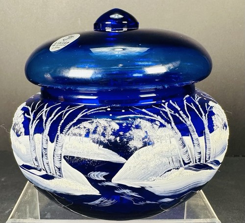 Fenton Art Glass Cobalt Blue Hand Painted Signed Candy Dish Bowl w/Lid Snow VTG - Picture 1 of 12