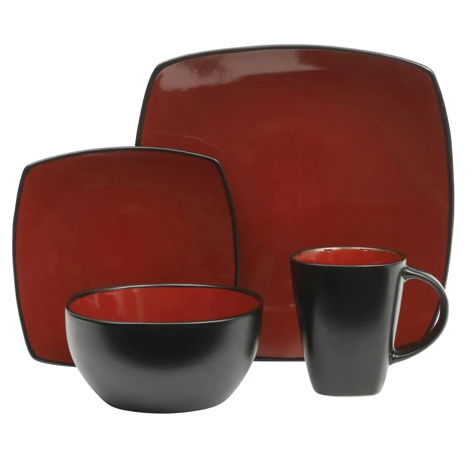Gibson Soho Lounge Square 16-Piece Reactive Glaze Stoneware Dinnerware Set - Red - Image 4 of 4