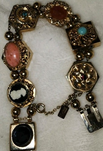 Vintage REINAD's Slide Chains Cameo Cabochans Cobra Bracelet Signed 8.5" Long - Picture 18 of 24