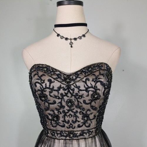 Terani Prom Dress Maxi Gown 4 Black Tan Lace Y2K Vintage Bead Mermaid Glam Guest - Picture 3 of 13