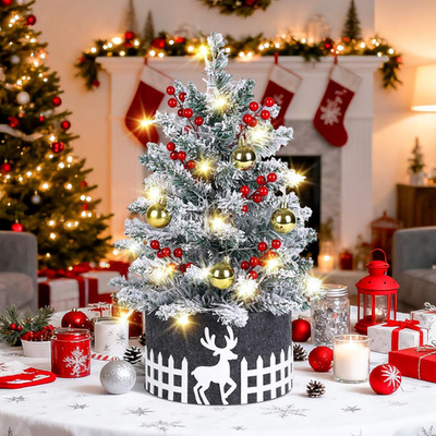 2FT Flocked Christmas Tree with Lights, DIY Table Top Christmas Tree with Skirt