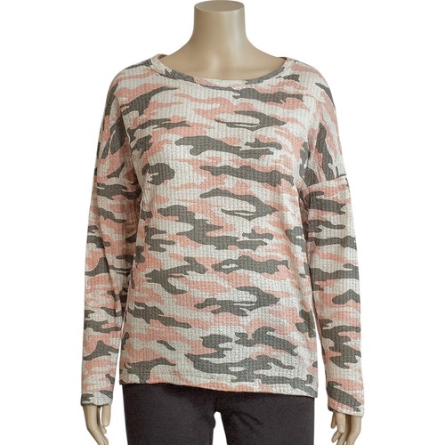 Damen Rosa & Grau Camouflage Langarm Waffel Strick Top Relaxed Fit - Freizeit Größe S - Bild 1 von 4